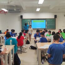 Co-teaching our class of almost 40 8th graders during orientation.